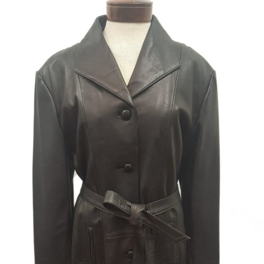 Women’s Single Breasted Black Full Length Long Luxurious Button Down Belted Soft